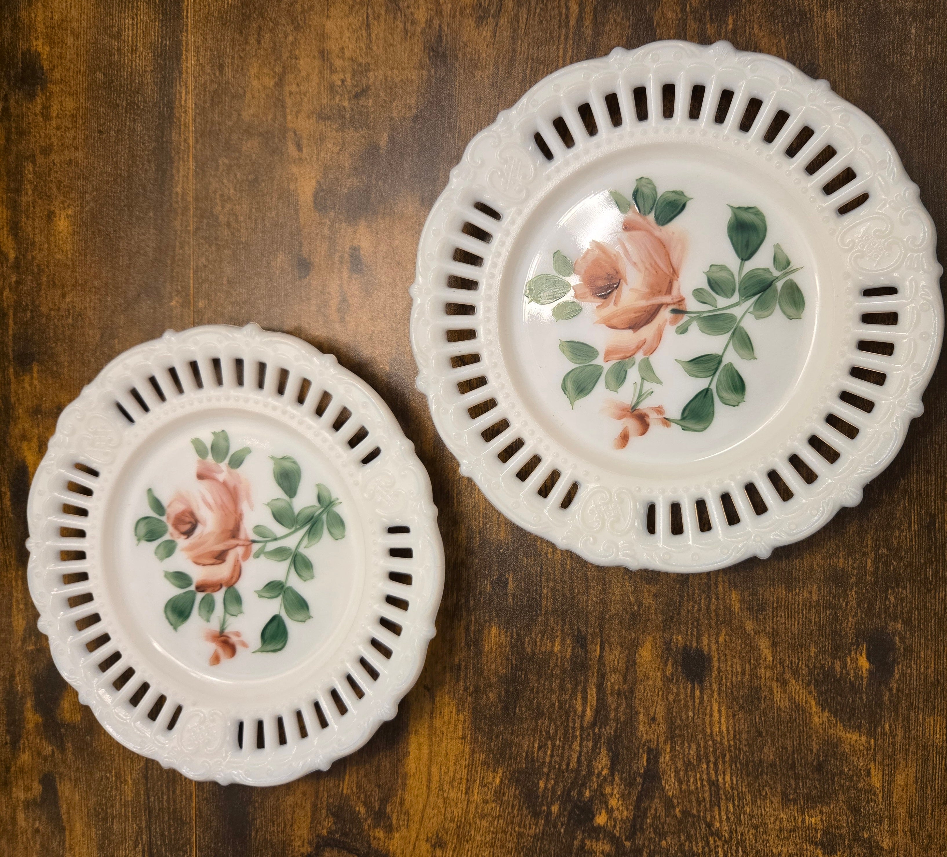 Vintage Porcellia Lace Edge Porcelain Rose Plates by Leeward Studio – Set of 2 Decorative Collectible Plates