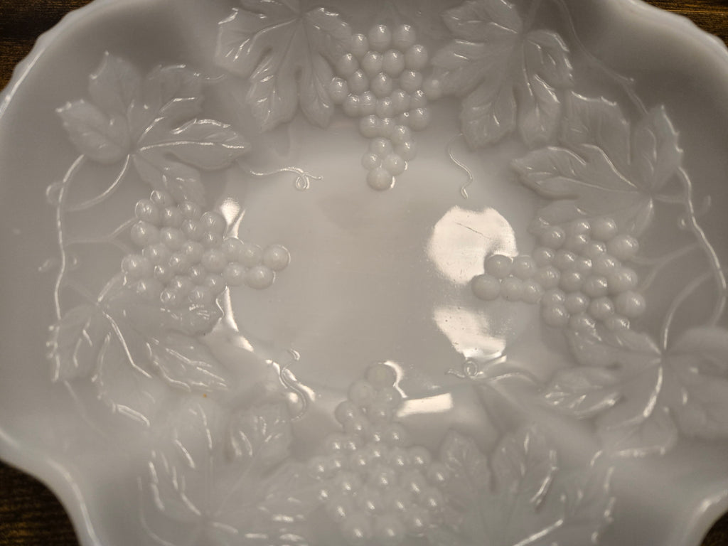 Vintage Milk Glass Serving Bowl with Embossed Grape & Leaf Pattern – Mid-Century White Glass Dish