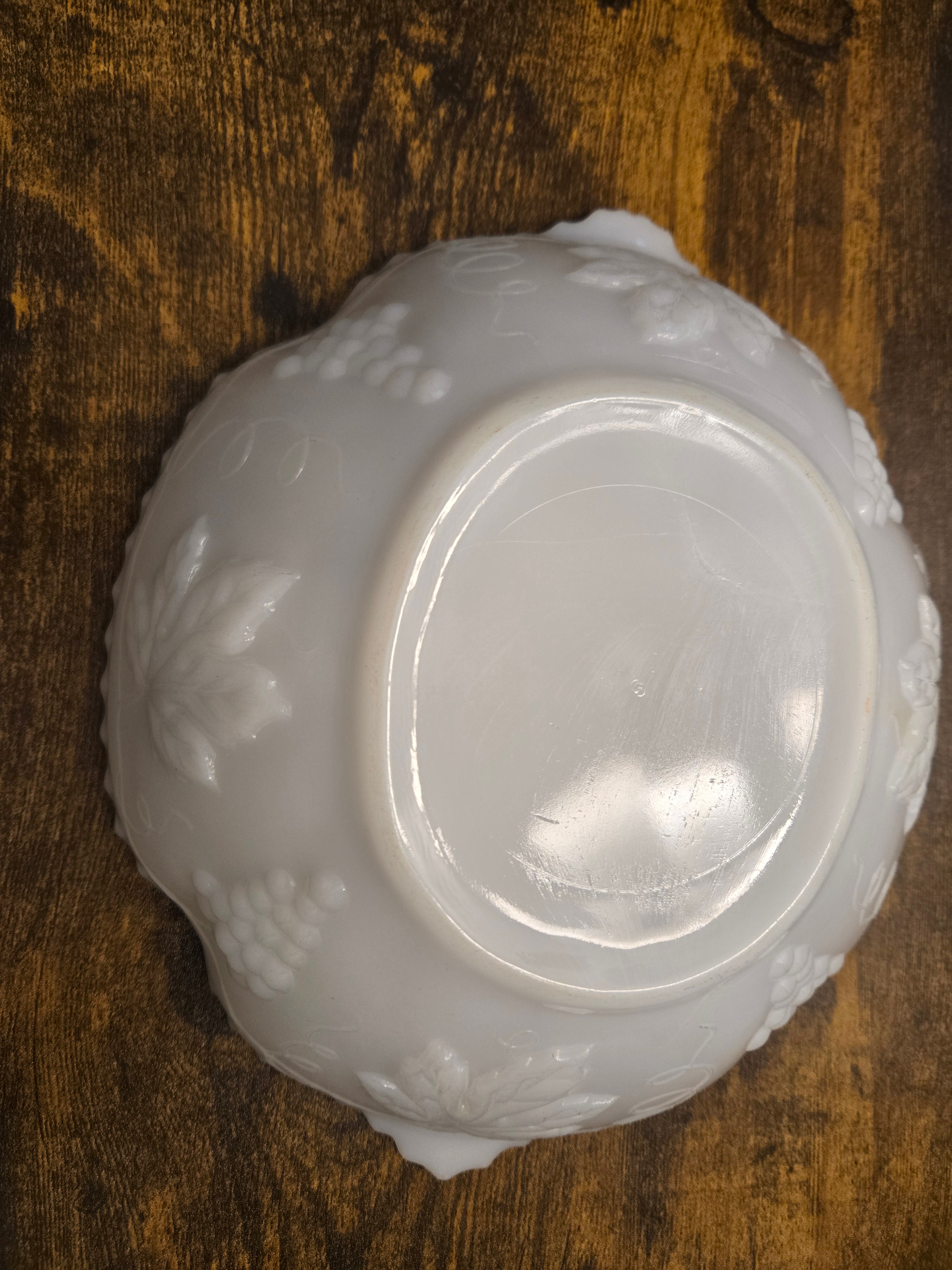 Vintage Milk Glass Serving Bowl with Embossed Grape & Leaf Pattern – Mid-Century White Glass Dish