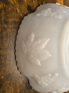 Vintage Milk Glass Serving Bowl with Embossed Grape & Leaf Pattern – Mid-Century White Glass Dish