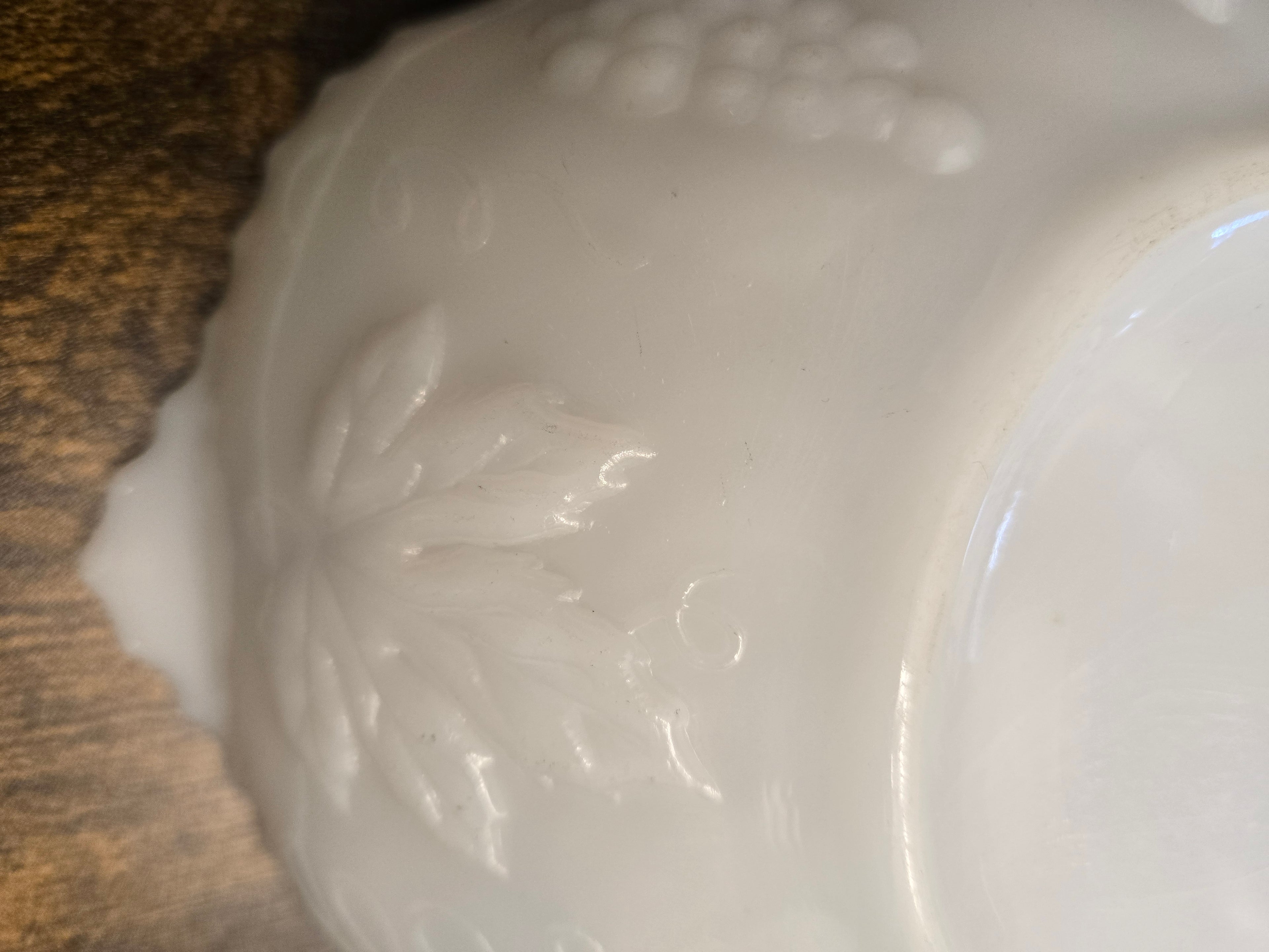 Vintage Milk Glass Serving Bowl with Embossed Grape & Leaf Pattern – Mid-Century White Glass Dish