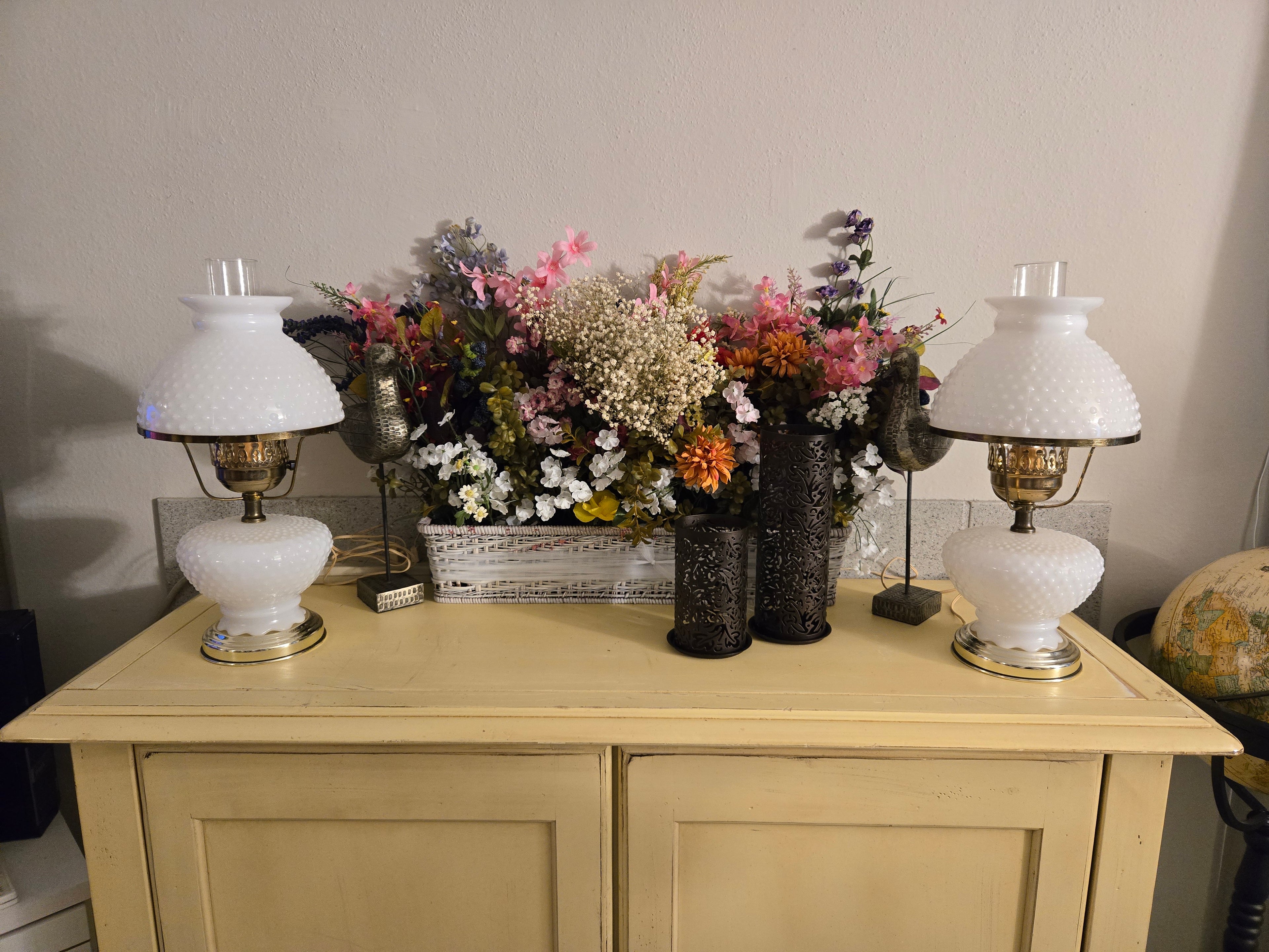 Vintage Hobnail Milk Glass Lamps – Pair of White Table Lamps with Brass Base