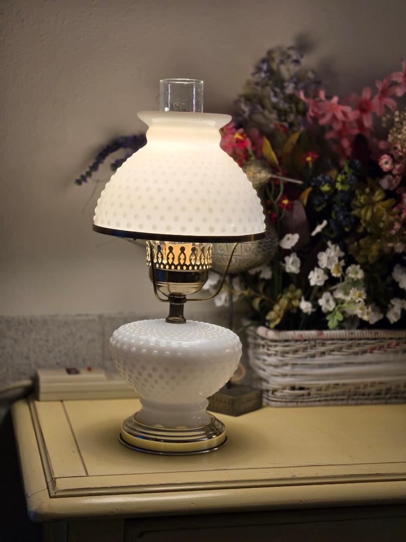 Vintage Hobnail Milk Glass Lamps – Pair of White Table Lamps with Brass Base