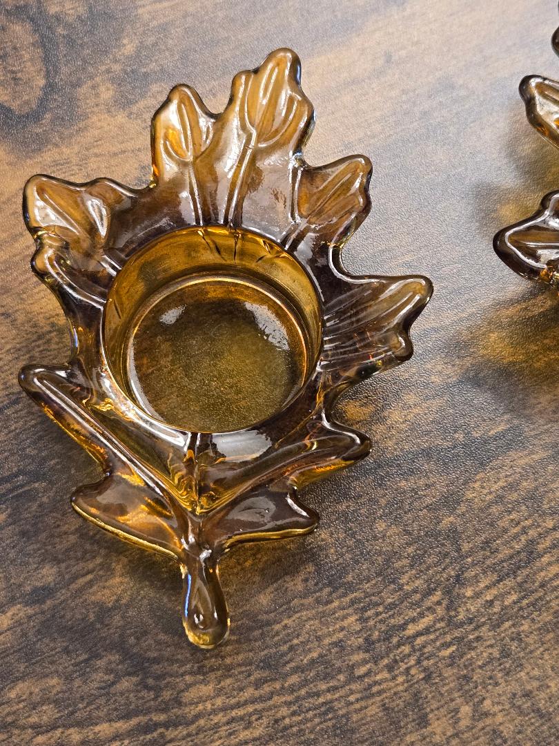 Vintage Amber Glass Leaf Votive Candle Holders – Autumn Fall Décor (Set of 2)