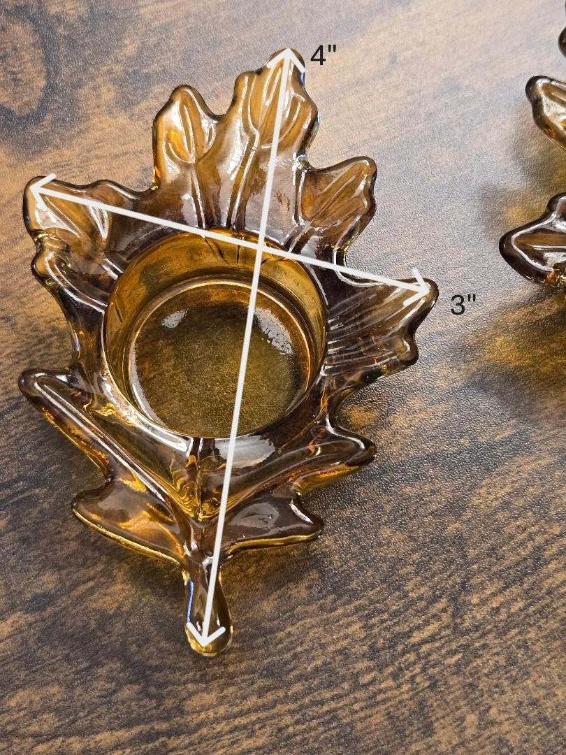 Vintage Amber Glass Leaf Votive Candle Holders – Autumn Fall Décor (Set of 2)