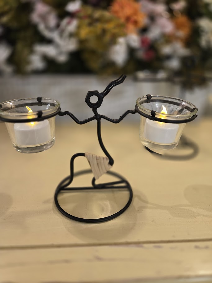 Set of 2 Rustic Metal Balance Candle Holders – Handcrafted Tealight Votive Stands with Glass Cups